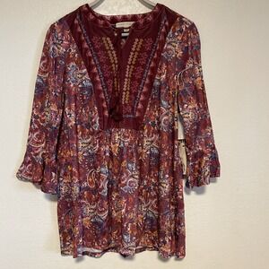 Farmers Market By One World Womens Shirt 3/4 Sleeve Floral Boho Tassel Tie‎ 1X